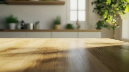 Aufkleber - Warm sunlight streaming across polished wooden kitchen surface, casting delicate moving shadows during soft slow motion sequence highlighting interior elegance and minimalist design