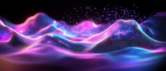 Wall Mural - Futuristic Digital Rendering of a Neon Hologram Landscape with Vibrant Colors and Abstract Waves in a Fantasy Environment