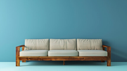 Wall Mural - A soothing powder blue wall with a mid-century modern wooden sofa, providing copy space on the left side