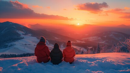 Poster - Three friends sit side by side on a snowy hill, witnessing a stunning sunset that paints the sky with vibrant colors, surrounded by serene winter landscapes.