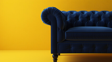 Sticker - A sunny lemon yellow background with a chic navy blue single-seater sofa, creating clean copy space on the right