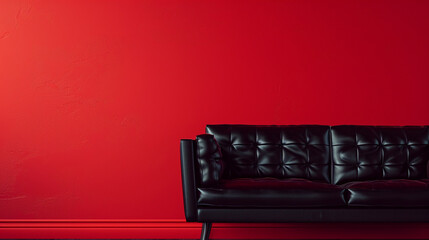 Wall Mural - A vibrant red wall with a modern black leather sofa, leaving space on the right for copy or graphic elements