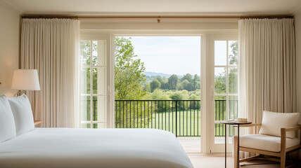 Wall Mural - serene hotel room with large bed, soft white linens, and view of lush greenery through glass doors. natural light creates calming atmosphere, perfect for relaxation