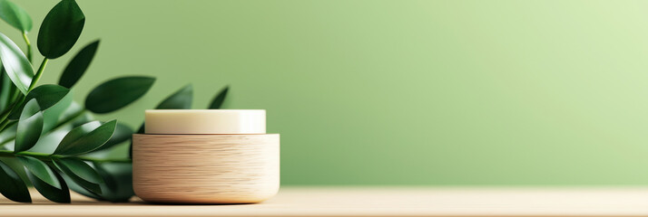 Natural skincare cream in wooden container on green background with leaves
