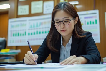 Wall Mural - a female professional from east asia working on a market analysis presentation.