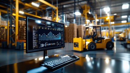 modern warehouse interior with digital monitor displaying data analysis software and forklift in bac