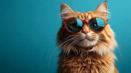 Wall Mural - Closeup Cat wearing sunglasses isolated on 
light blue background, Copyspace.