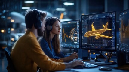 Female and male engineers work together in a modern office analyzing airplane design with advanced computer software and multiple screens displaying data.