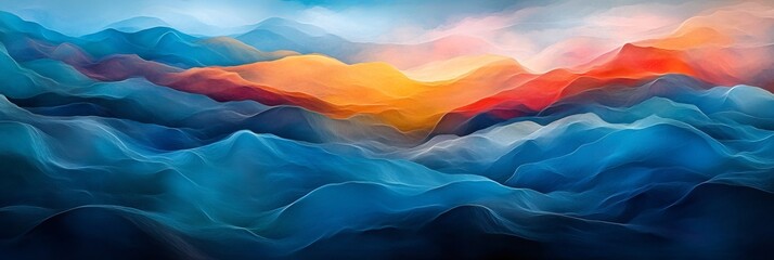 Wall Mural - Layered Translucency Vibrant Abstract Waves in Blue, Cyan, Red, and Orange on Dark Background