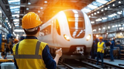 Wall Mural - Worker in Safety Gear Operating Modern Train in Industrial Environment with Bright Lighting and Engineering Team in Background