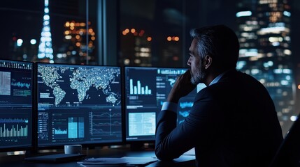 Wall Mural - a mature man analyzing the impact of new technology on market trends in a sleek office.