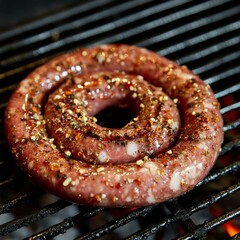 Canvas Print - Sausages with spices cooking on grill.