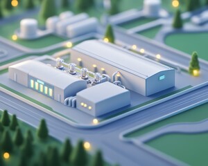 Wall Mural - Modern industrial manufacturing facility model showcases advanced production equipment and strategic infrastructure placement amid landscaped grounds demonstrating contemporary factory design