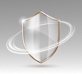 transparent glass protection shield with white glowing effect. safeguard sign. security concept. vec
