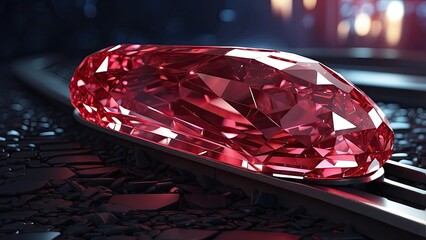 A large, faceted red gemstone resting on railroad tracks