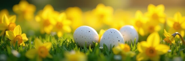 Wall Mural - Speckled eggs on a bed of blooming daffodils, warm sunlight , springtime, holiday