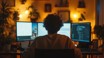 Wall Mural - a professional working late into the night, illuminated by multiple screens.