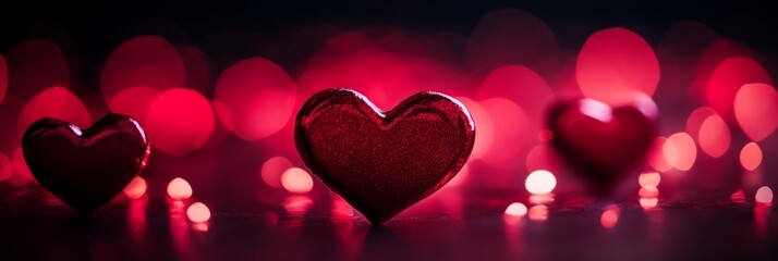 Wall Mural - Valentines Day, Love, Romantic Background, Red Bokeh Heart. Soft Hearts, Dark Love Concept