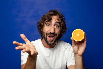 Sticker - young adult bearded man with an orange slice