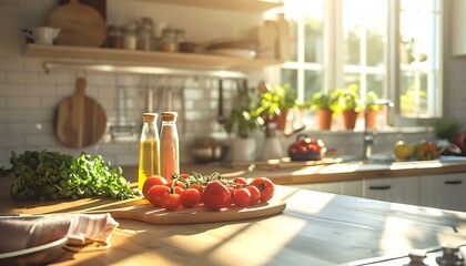 Wall Mural - Vegetables and olive oil on the table in the kitchen.