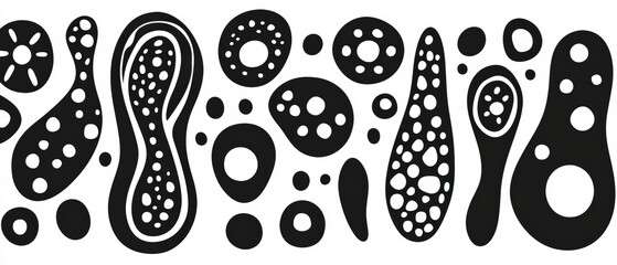 Sticker - abstract black and white background featuring various cellular shapes and forms for creative design 