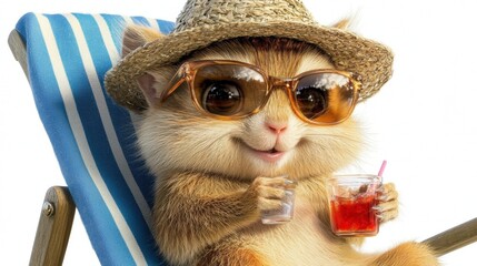 Cute cartoon animal relaxing with drinks on a sun lounger