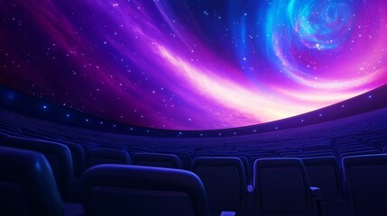 Wall Mural - A vibrant cosmic scene projected in a modern planetarium, showcasing swirling galaxies and stars