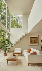 Wall Mural - Modern minimalist living room interior with large windows, natural light, staircase, trees view