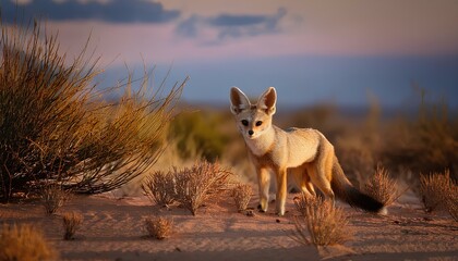 a desert fox prowling through sparse vegetation