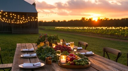 Sunset dinner setting with fresh produce on a rustic table, vineyard in the background, twinkling light