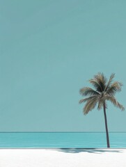 Fototapete - Tropical beach with coconut palm tree and turquoise water under a clear sky at a peaceful time. Generative AI