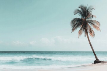Aufkleber - Breathtaking tropical beach with coconut palm and turquoise waves under clear skies. Generative AI