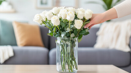 hand arranging white roses in glass vase on wooden table, creating serene and elegant atmosphere in cozy living room