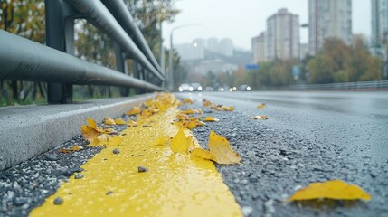 Wall Mural - Autumn leaves on city road, rainy day, blurred background, transportation