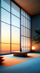 Wall Mural - A serene interior with large windows showcasing a sunset, featuring minimalist decor and natural elements for a calming atmosphere.