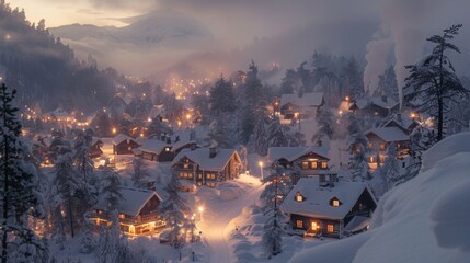 Poster - Snow covered houses and pine trees create a tranquil winter atmosphere. Soft lights from windows illuminate the scene, enhancing its cozy and inviting feel during the evening.
