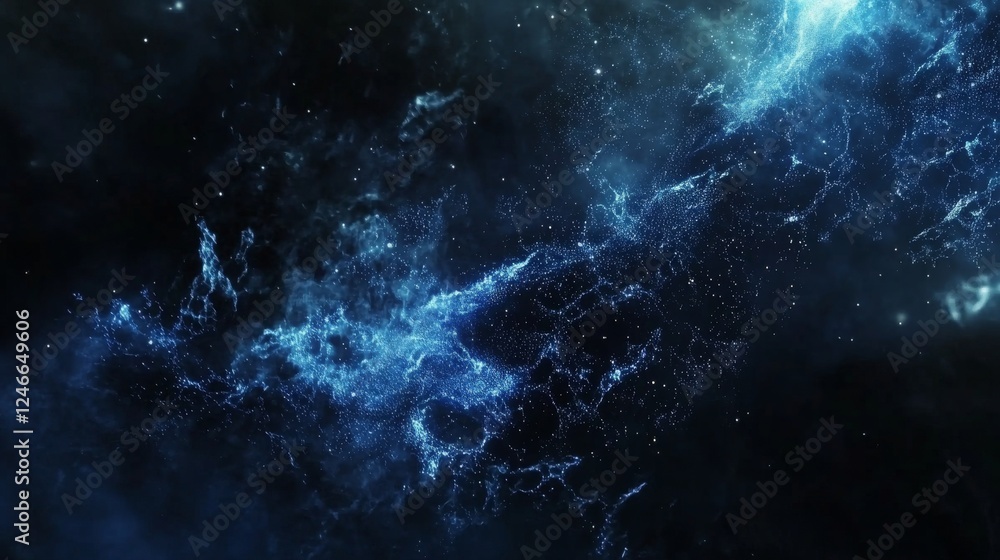 Abstract blue glowing energy waves with dotted line particles and blur ...
