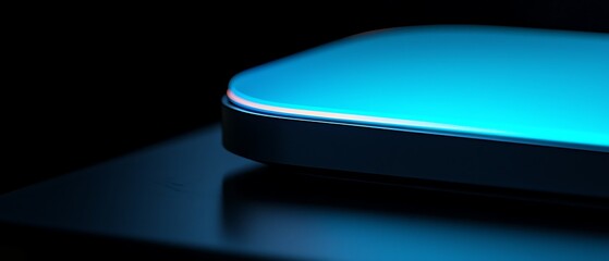 Glowing blue device on dark surface; tech background; website banner