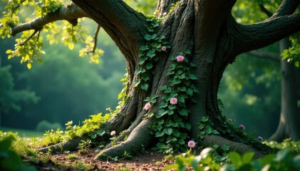 Wall Mural - vines and flowers entwine ancient tree trunks, tree trunk, foliage, leafy branches