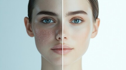 Poster - Split face comparison of acne and redness contrasted with smooth glowing skin showcasing skincare effectiveness. Generative AI
