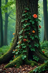 Wall Mural - vines and flowers entwine ancient tree trunks, forest floor, foliage, tree trunk