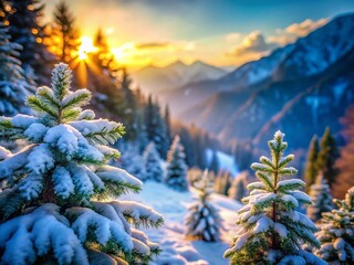 Wall Mural - Austrian Snowy Mountain Forest Close-Up: Tilt-Shift Winter Wonderland