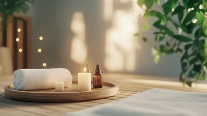Poster - Warm sunlight illuminates a spa setting featuring a rolled up white towel, lit candles, and a bottle of essential oil on a wooden tray, creating a tranquil and relaxing atmosphere