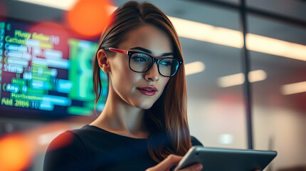 Female Programmer Analyzing Code on Tablet