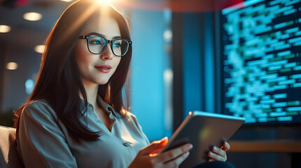Female Programmer Analyzing Code on Tablet