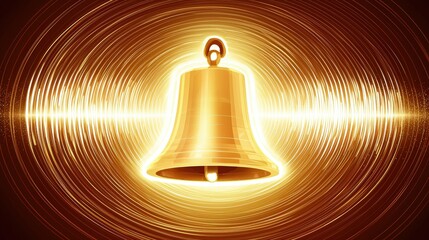 Wall Mural - golden bell icon with circular sound waves on a bright background