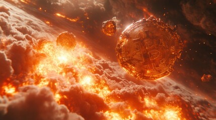 Wall Mural - Fiery Bitcoin Orbs in a Dramatic Cosmic Landscape