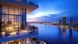 © Pricha.RT - Scenic twilight city view with stylish apartments and serene waters, perfect for urban lifestyle visuals