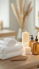 Poster - Serene spa environment featuring neatly folded white towels, amber glass bottles, and softly burning candles resting on warm wooden surface, evoking peaceful wellness atmosphere