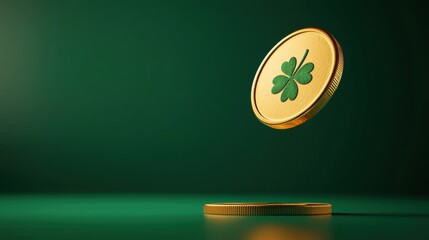 Poster - Golden coin with shamrock symbol on green background